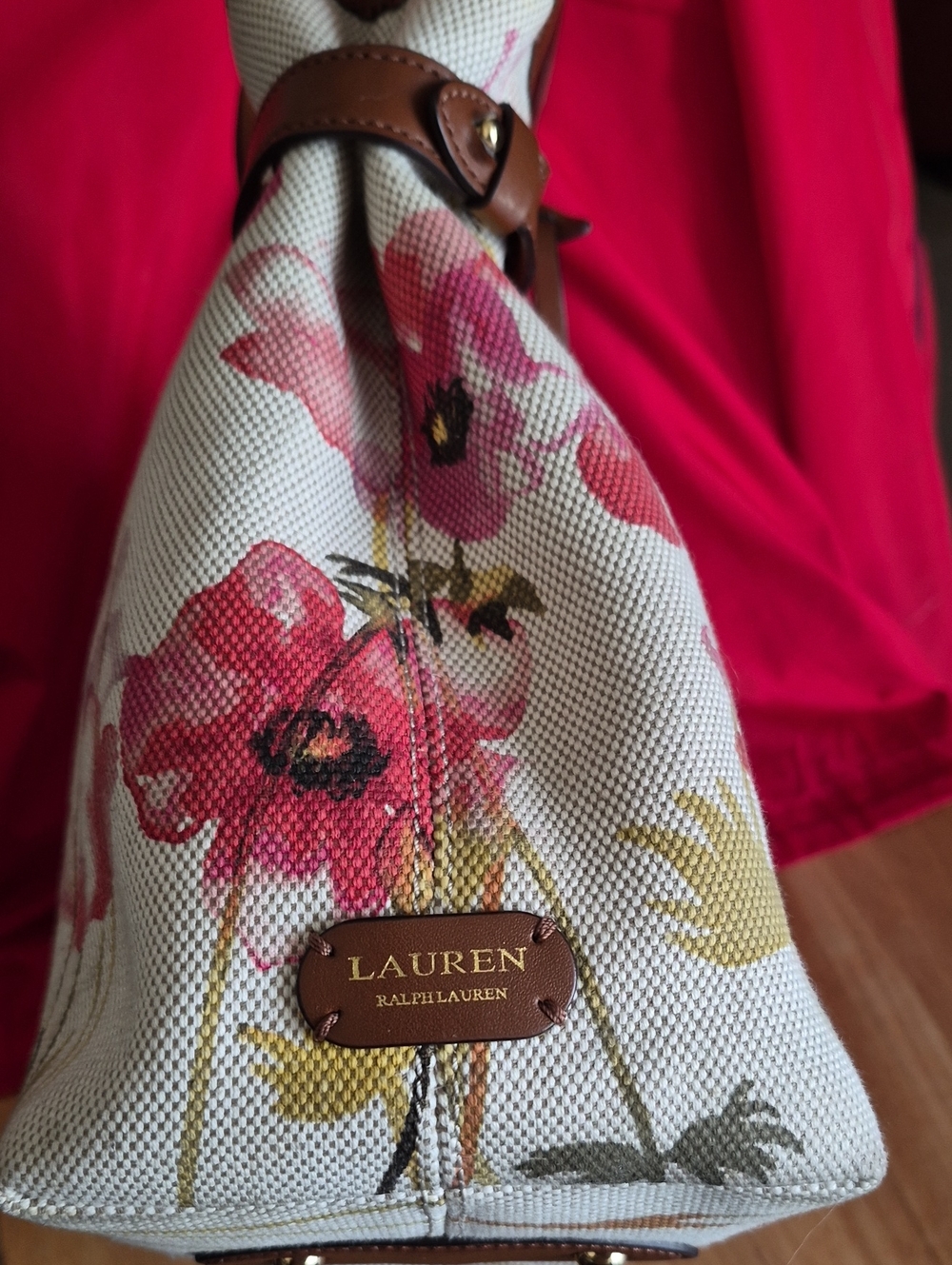 Ralph Lauren-Floral Canvas Tote with Brown Leather Trim - Pink Floral - Picture 4 of 13